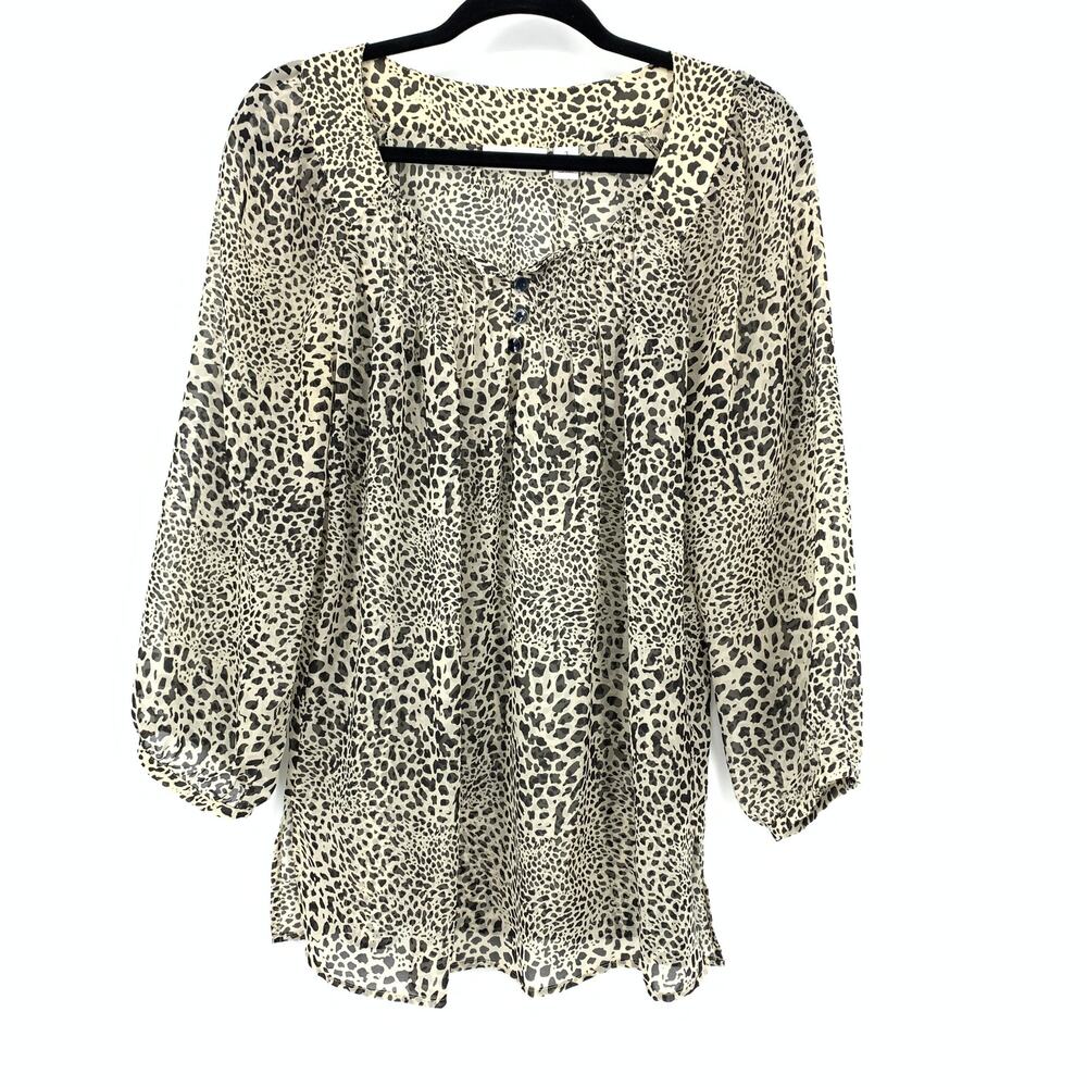 Chicos Sheer 3/4 Sleeve Blouse Womens Size 1 US Medium Tan Black Animal Print